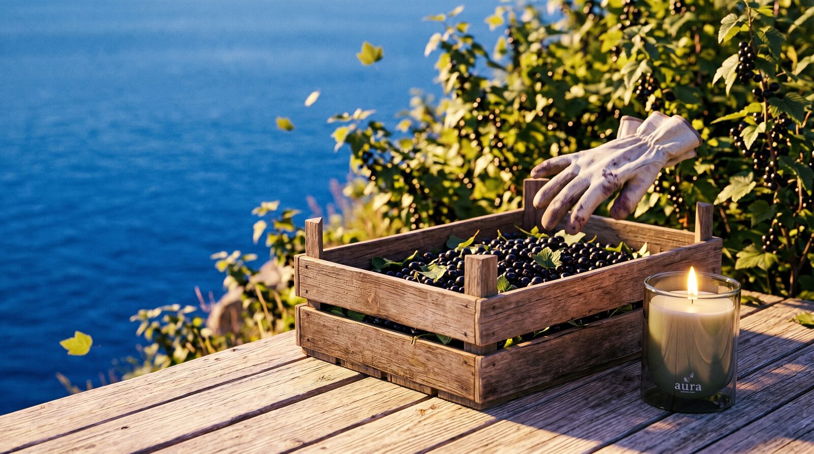 Cassis scented candle — French Riviera editorial scene