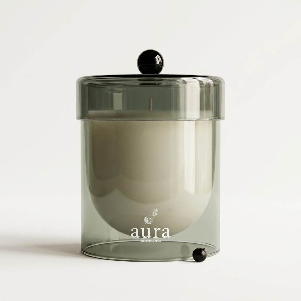 Cassis scented candle — smoked sage glass, ivory wax, engraved aura logo