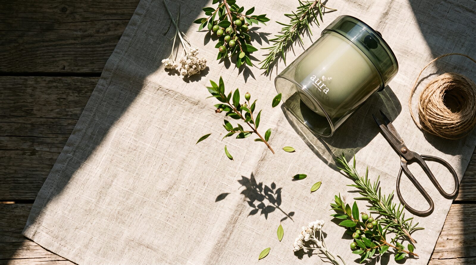 Corsica scented candle lit — warm editorial still life