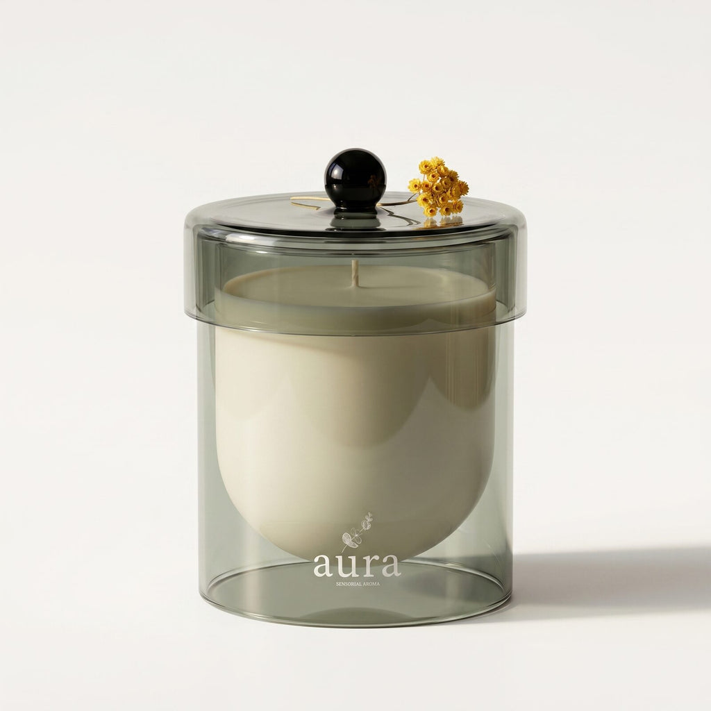 Corsica scented candle — smoked sage glass, ivory wax, engraved aura logo
