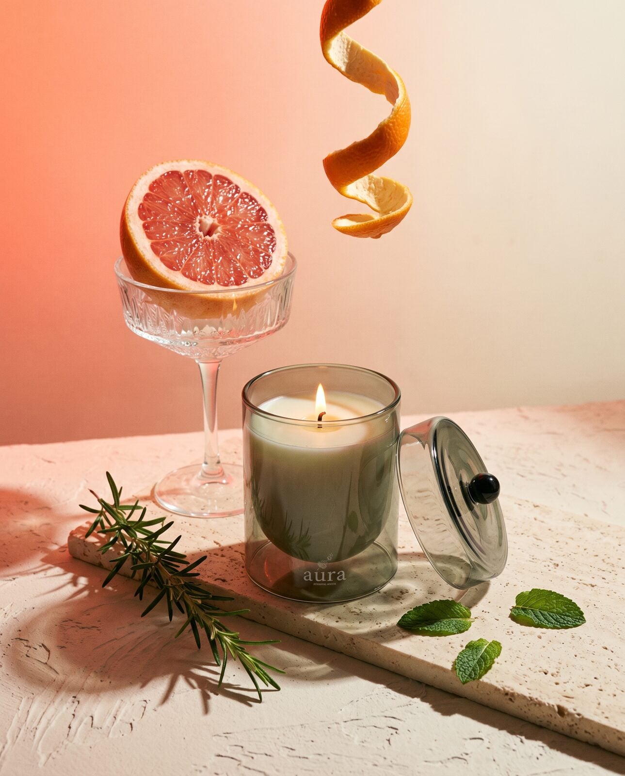 Marseille scented candle lit — warm editorial still life
