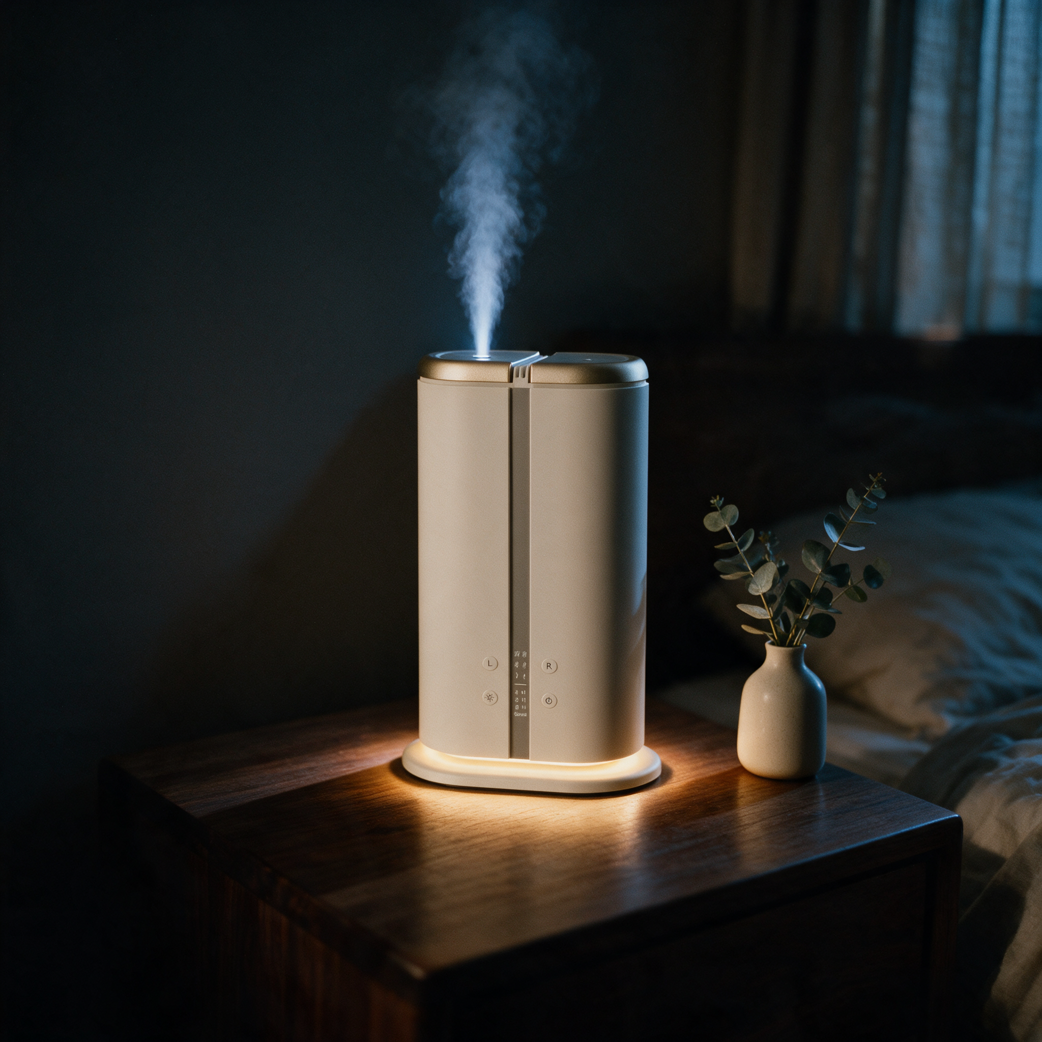 Aura Duetto on a nightstand, warm interior