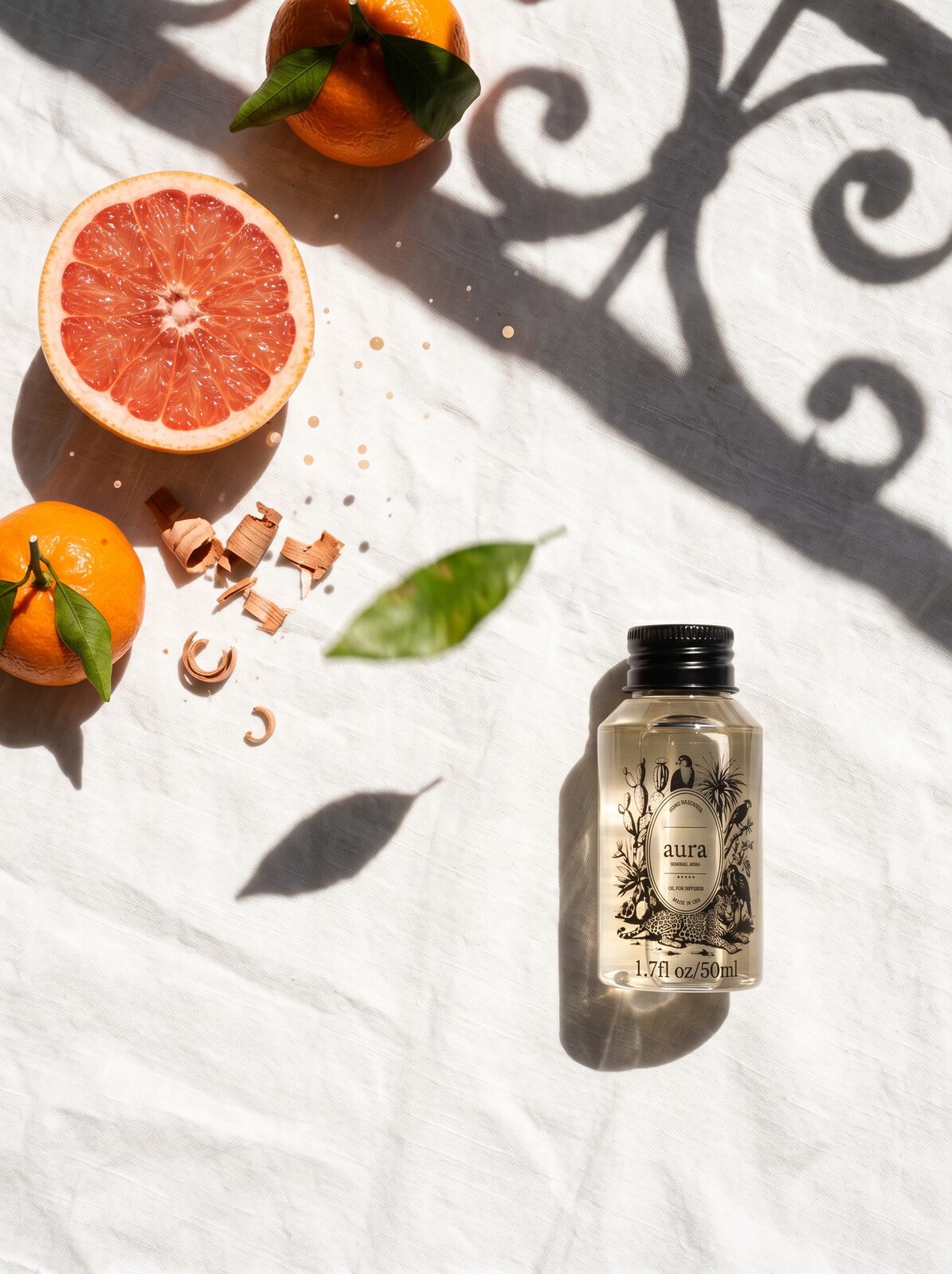 Marseille diffuser oil — sunlit styled still life