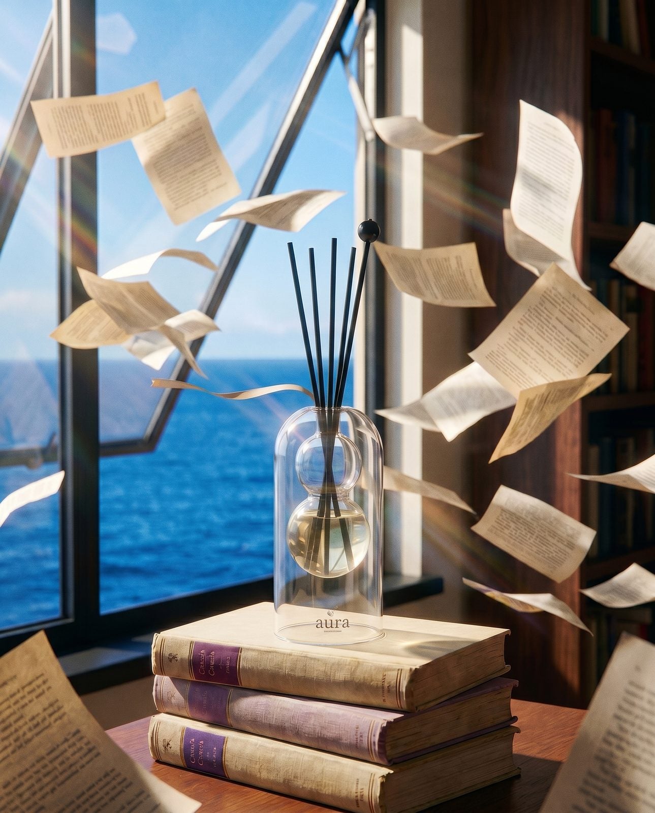 Cassis reed diffuser — calanque editorial scene