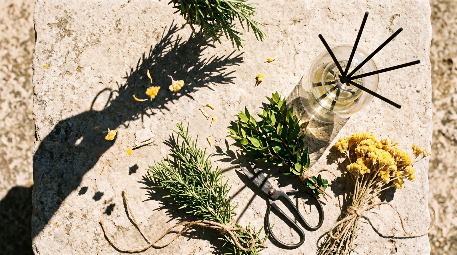 Corsica reed diffuser — maquis editorial scene