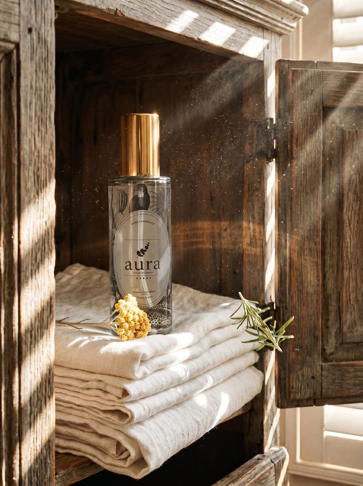 Corsica room & linen spray — Corsican maquis editorial scene