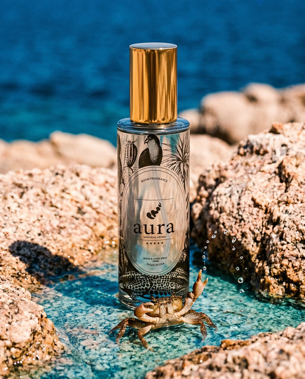 Corsica room & linen spray — warm styled still life