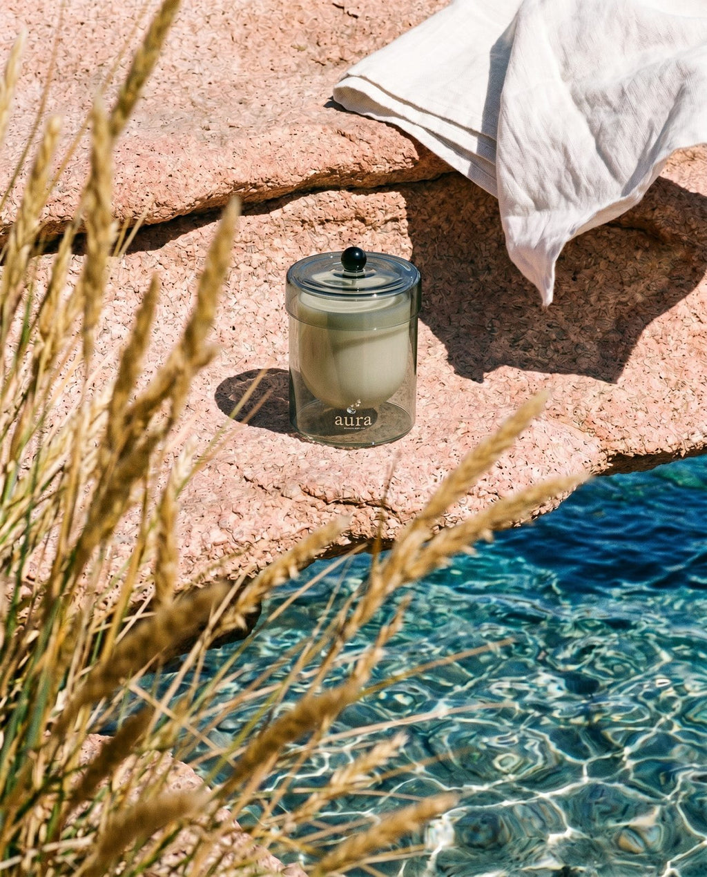 Maddalena candle — turquoise archipelago editorial scene