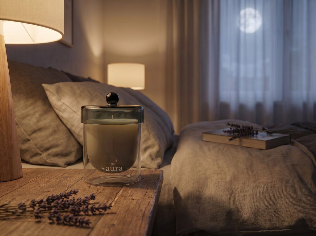 Sleep Better candle — cocooning still life