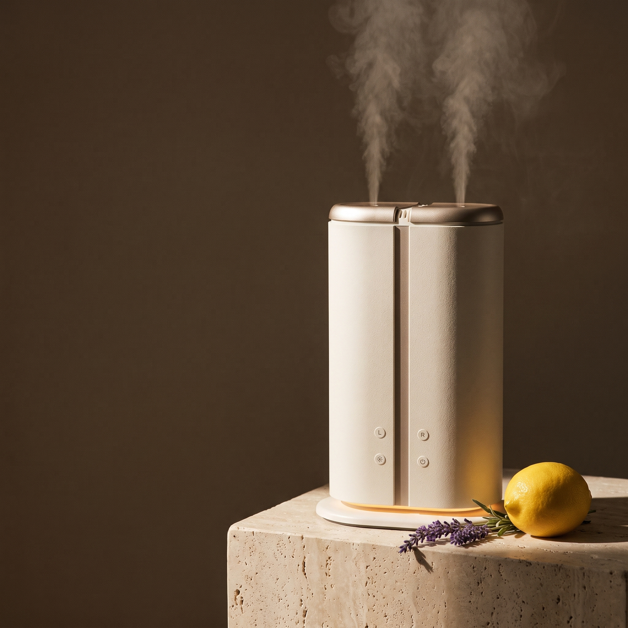 Aura Duetto on travertine plinth, twin mist