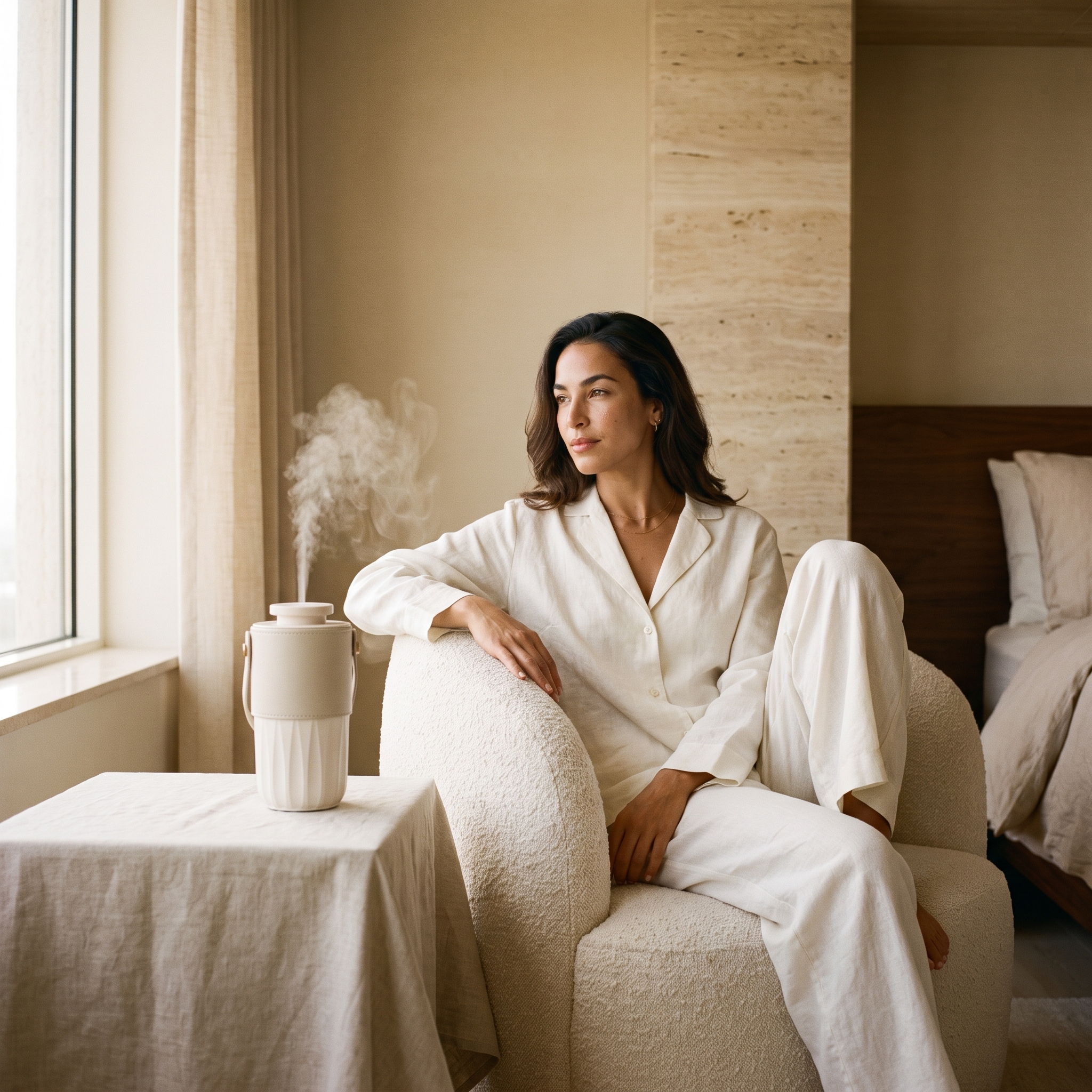 Aura Nomade on a nightstand with model