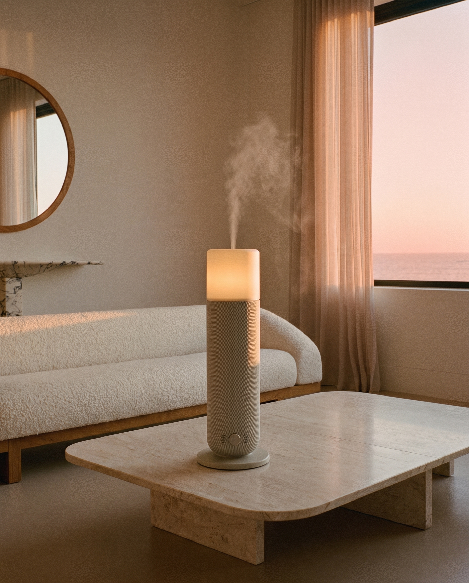AURA Lumière — sala al atardecer con vista al mar