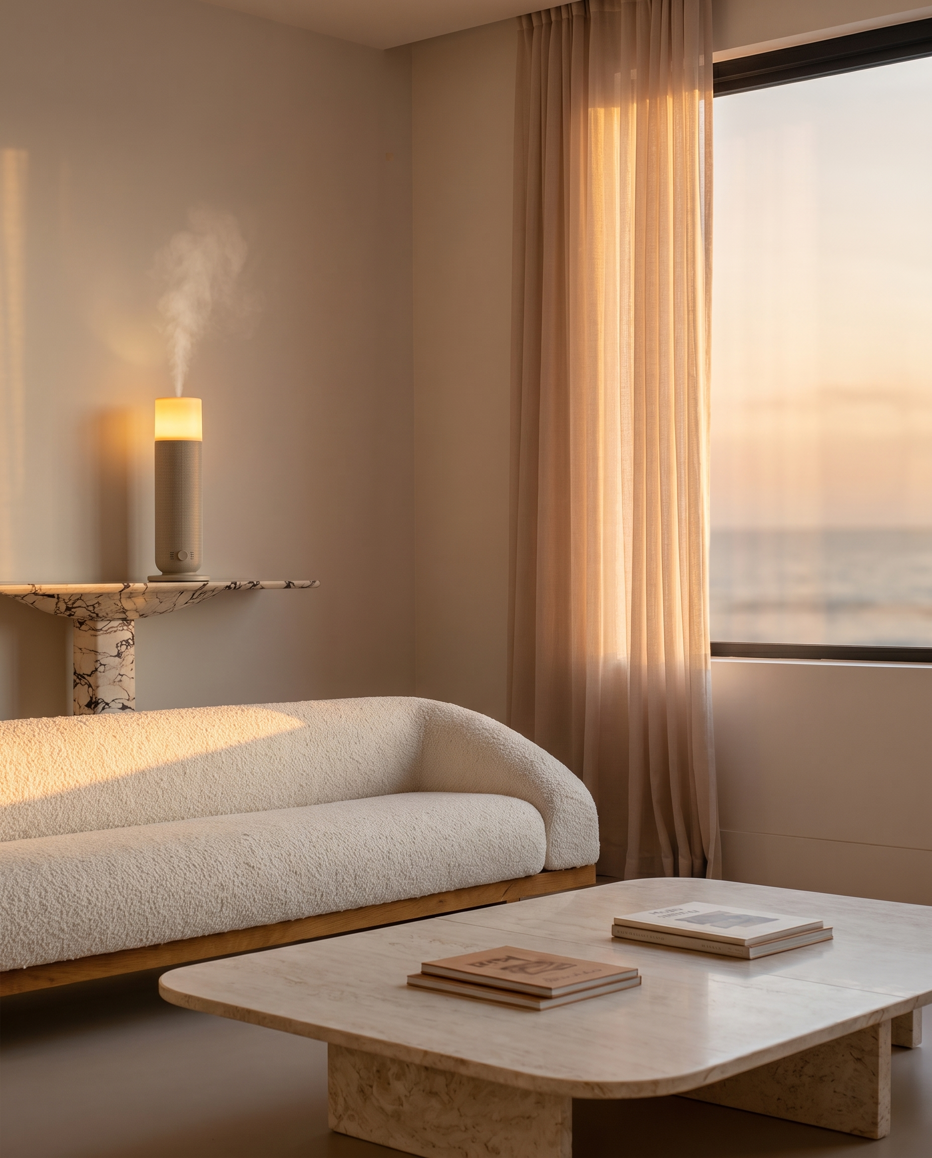 AURA Lumière — salón mediterráneo al atardecer
