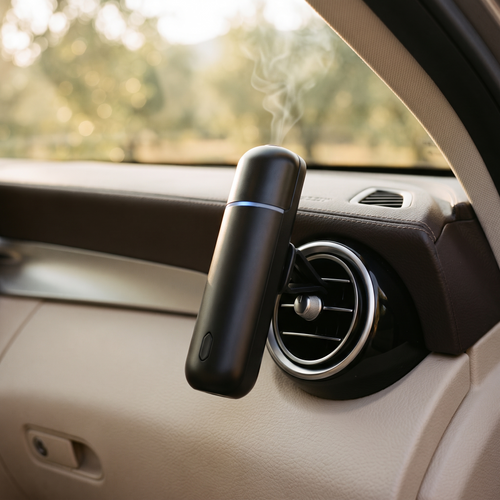 AURA Strada clipped to a car air vent with soft mist