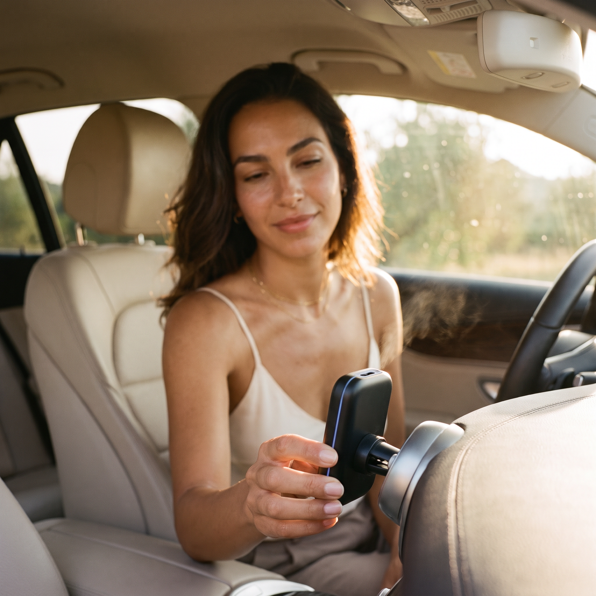 Woman clipping the AURA Strada to her car vent