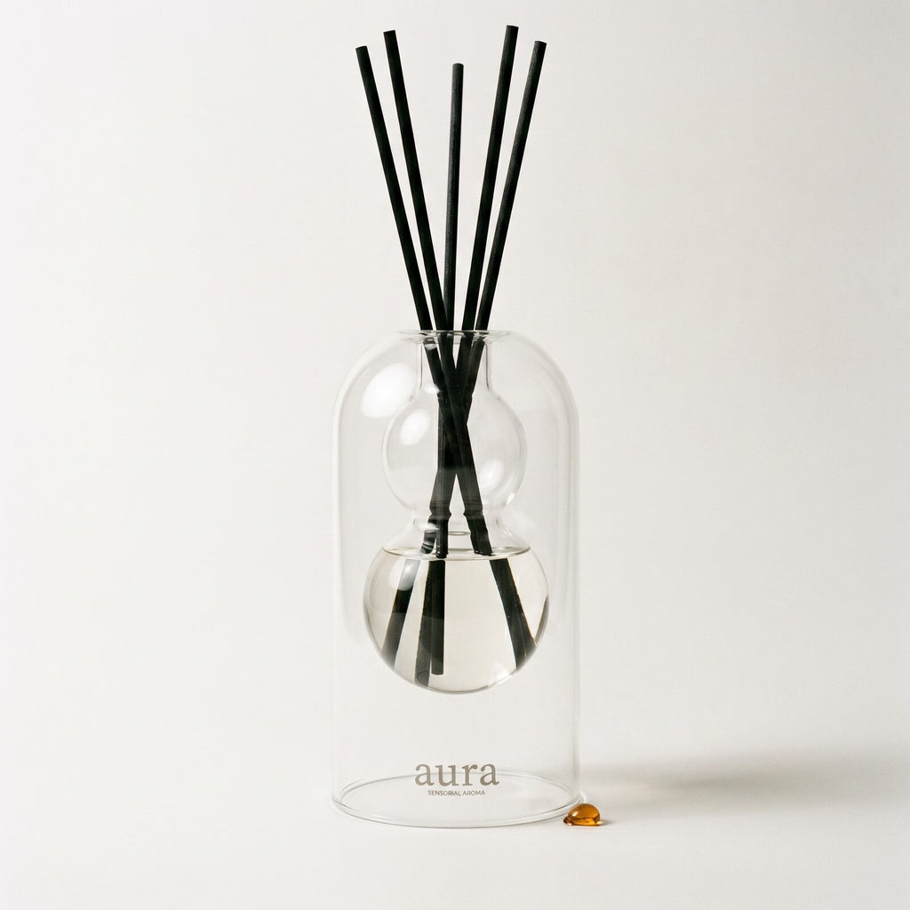 Monaco reed diffuser — clear glass vessel with fiber reeds