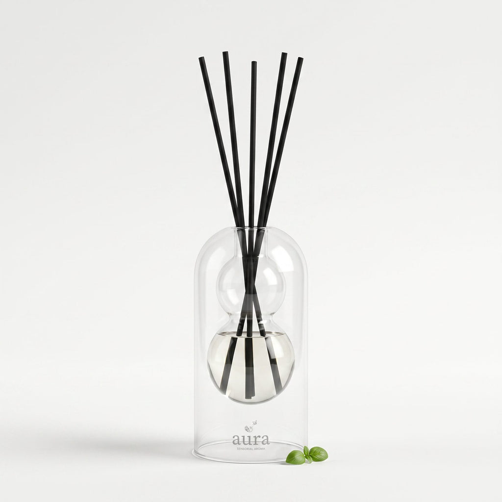 Ponza reed diffuser — clear glass vessel with fiber reeds