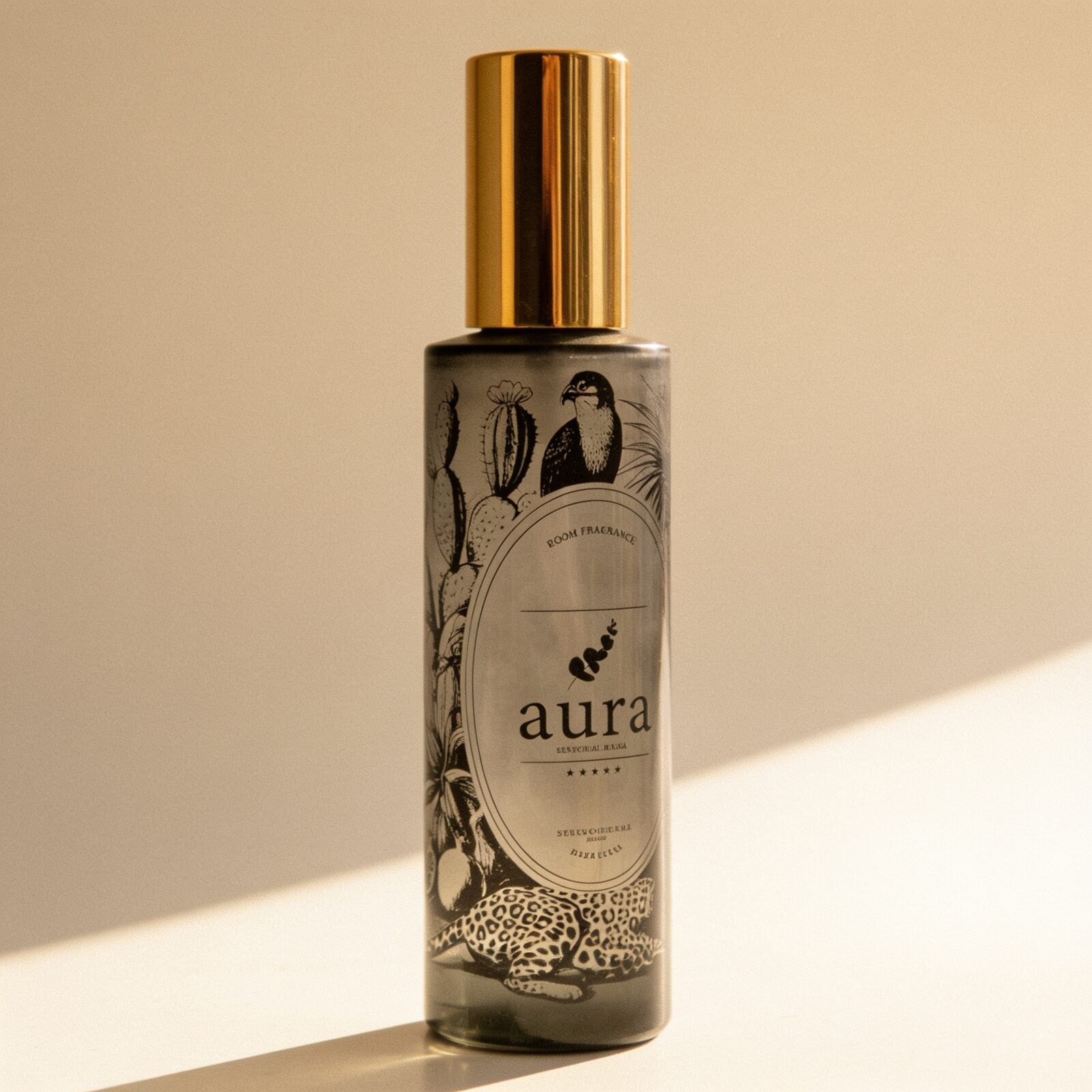 Corsica room & linen spray — smoked-grey glass bottle, gold mist sprayer