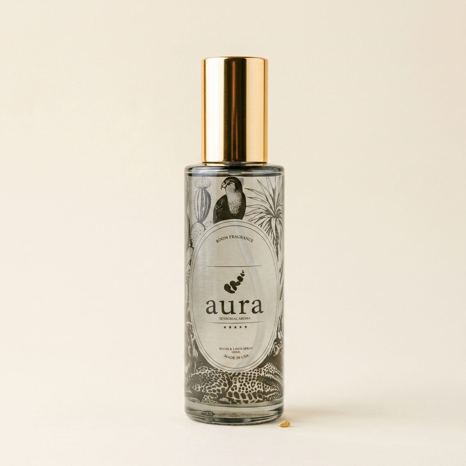Saint Tropez room & linen spray — smoked-grey glass, gold mist sprayer