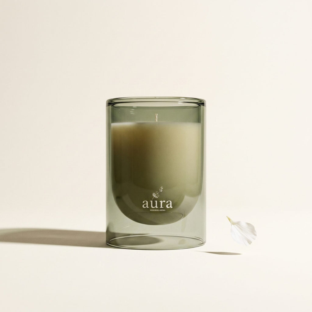 Saint Tropez scented candle — smoked sage glass with green sphere finial